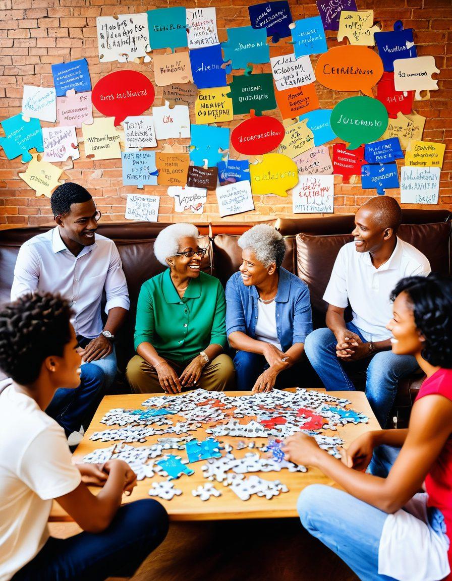 A diverse group of individuals of varying ages and backgrounds engaged in a supportive conversation, surrounded by symbols of advocacy and education such as books, speech bubbles, and puzzle pieces. The scene conveys warmth, understanding, and empowerment, with a bright and inviting color palette. super-realistic. vibrant colors. soft-focus background.