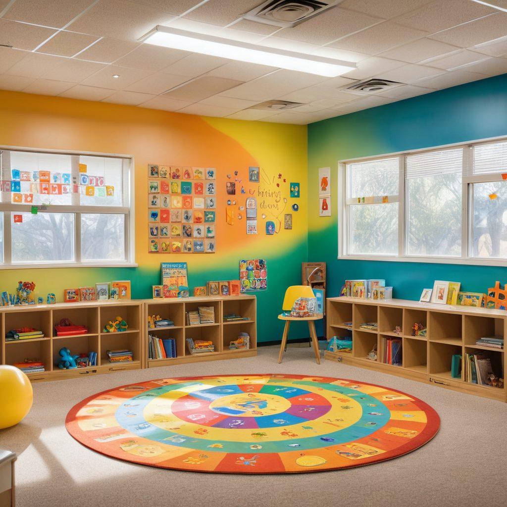 A warm and inviting classroom setting filled with diverse children engaged in various activities related to autism awareness. Include colorful educational tools like books, puzzles, and sensory toys, with inspirational quotes on the walls. Highlight a teacher guiding the children with empathy and patience. The scene should convey empowerment and understanding, infused with soft lighting and a cheerful atmosphere. super-realistic. vibrant colors. warm tones.